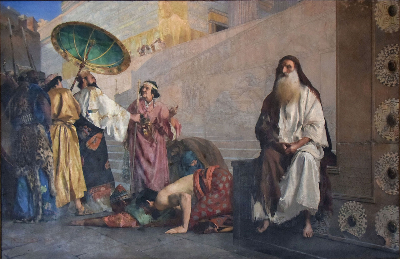 上图：法国画家保罗·莱罗伊（Paul Leroy，1860-1942年）1884年的油画作品《哈曼和末底改 Haman and Mordecai》，描绘「那日哈曼心中快乐，欢欢喜喜地出来；但见末底改在朝门不站起来，连身也不动，就满心恼怒末底改」（斯五9）。